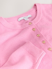 Pink Heart Button Slim Super Soft Crew Neck Cardigan with Wool - Image 3 of 4