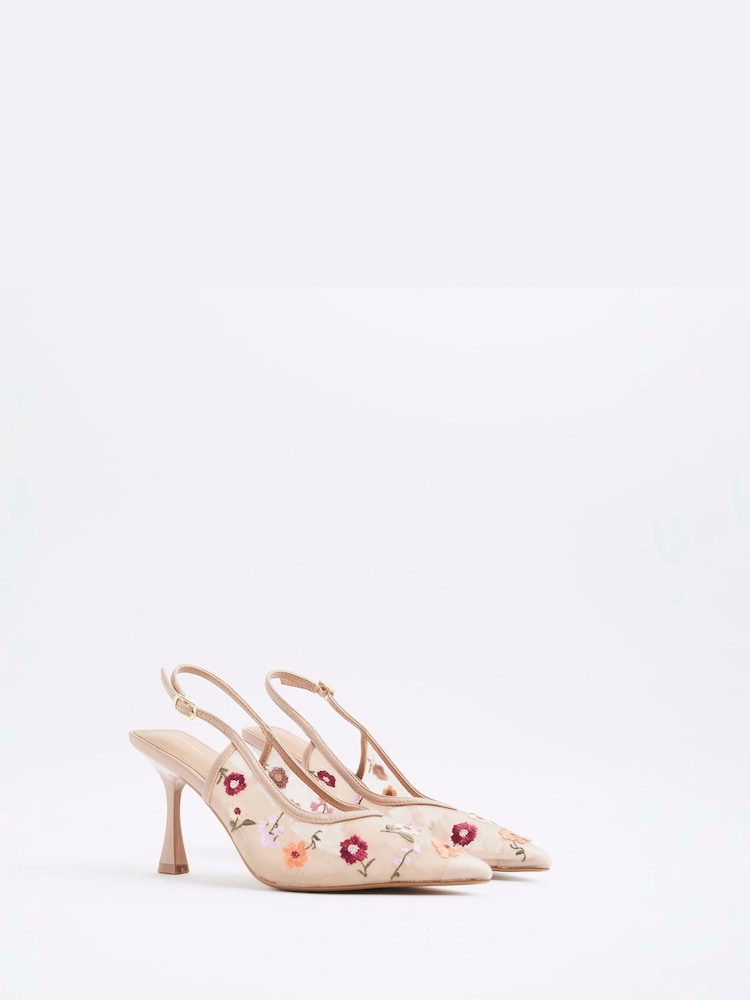 River Island Natural Flower Print Sling Back Heel Shoes - Image 2 of 5 River Island Natural Flower Print Sling Back Heel Shoes - Image 2 of 5