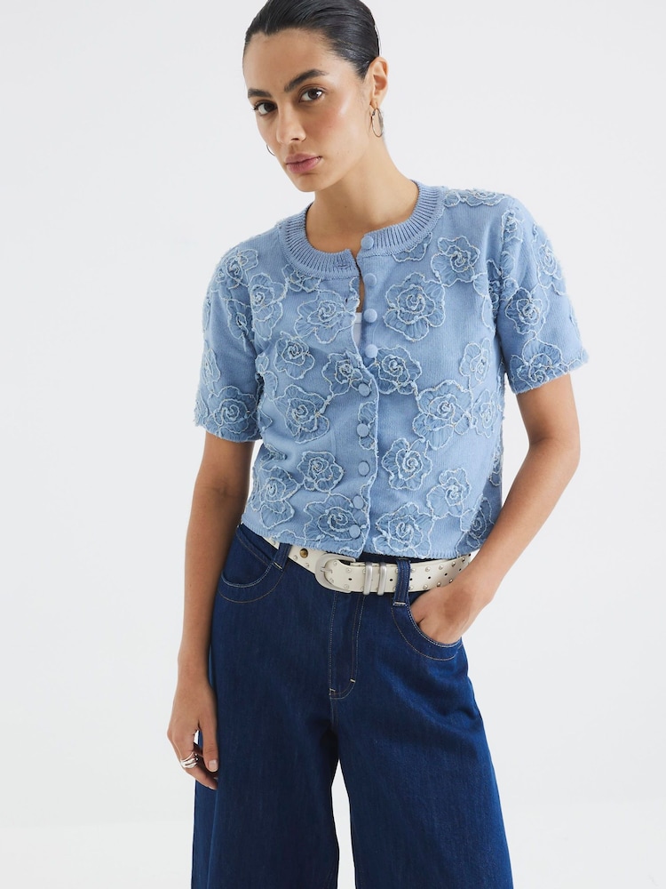 River Island Blue Short Sleeve Floral Print Cardigan - Image 1 of 4