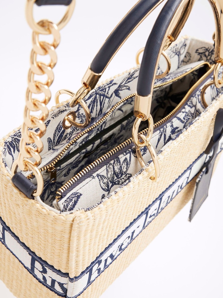 River Island Brown Webbing Front Raffia Tote Bag - Image 5 of 5 River Island Brown Webbing Front Raffia Tote Bag - Image 5 of 5