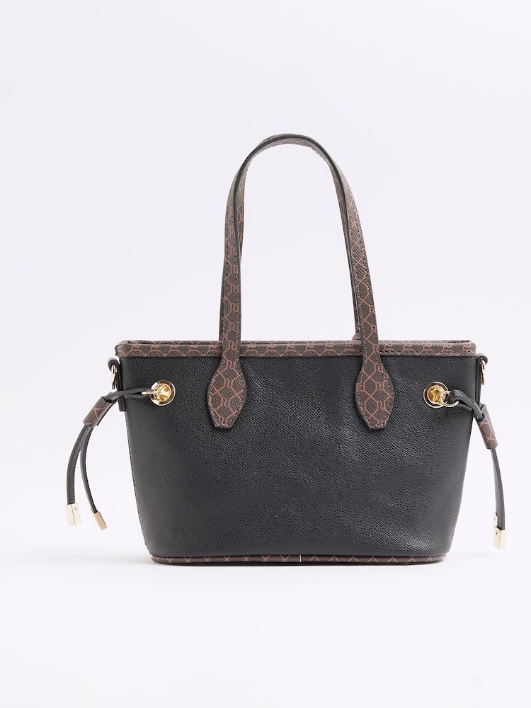 River Island Black Monogram Tie Side Small Shopper Bag - Image 2 of 5