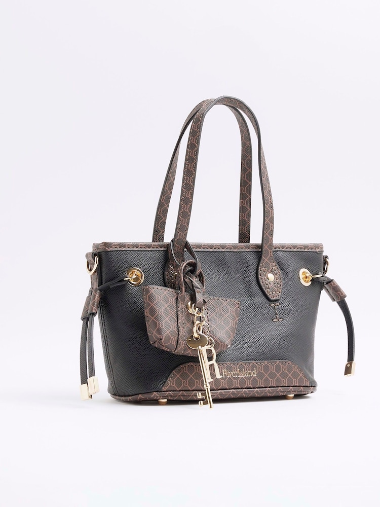 River Island Black Monogram Tie Side Small Shopper Bag - Image 3 of 5