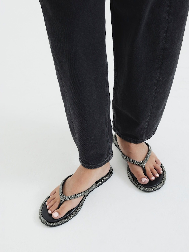 River Island Black Toe Thong Embellished Sandals - Image 1 of 5