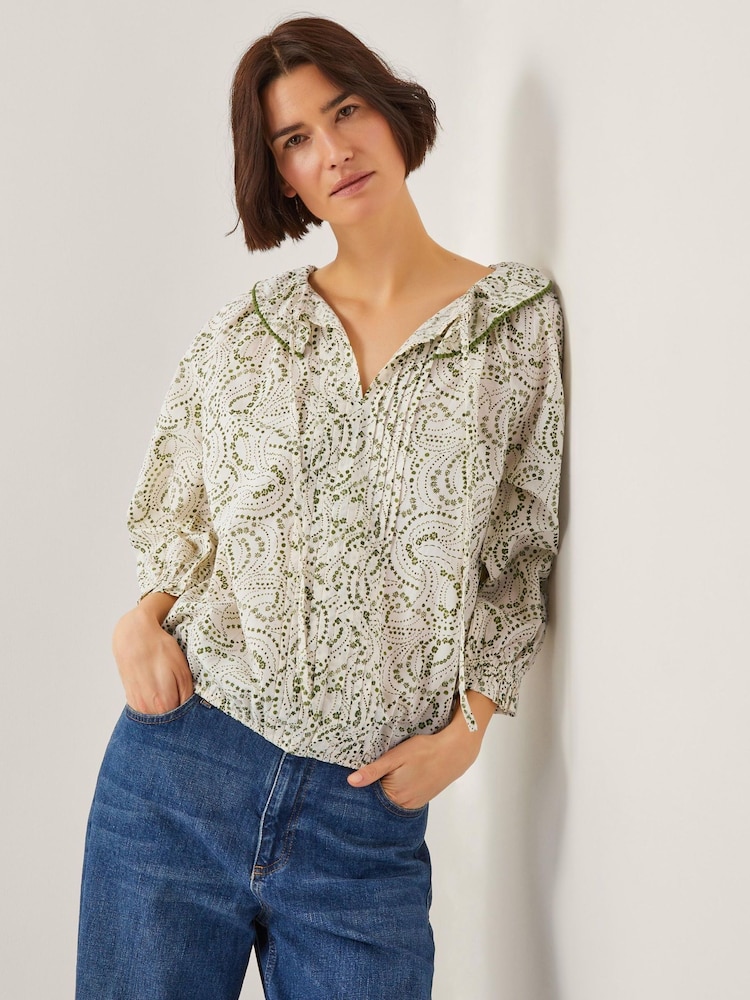 Monsoon Natural Delma Pintuck Floral Frilly 100% Cotton Blouse - Image 1 of 4 Monsoon Natural Delma Pintuck Floral Frilly 100% Cotton Blouse - Image 1 of 4