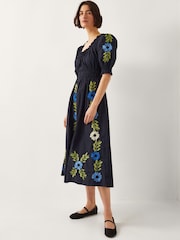 Monsoon Black Shona Embroidered Puff-Sleeve 100% Cotton Midi Dress - Image 1 of 4
