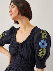 Monsoon Black Shona Embroidered Puff-Sleeve 100% Cotton Midi Dress - Image 2 of 4