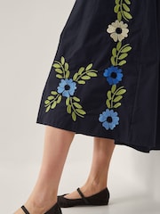 Monsoon Black Shona Embroidered Puff-Sleeve 100% Cotton Midi Dress - Image 4 of 4