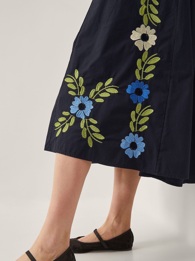 Monsoon Black Shona Embroidered Puff-Sleeve 100% Cotton Midi Dress - Image 4 of 4