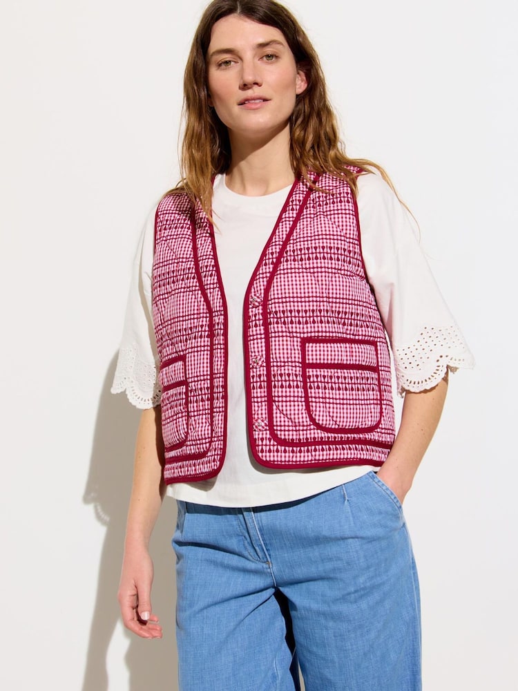 Oliver Bonas Red Gingham Embroidered Quilted 100% Cotton Gilet - Image 1 of 7