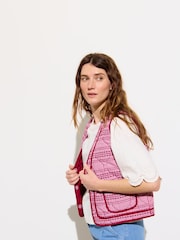 Oliver Bonas Red Gingham Embroidered Quilted 100% Cotton Gilet - Image 2 of 7
