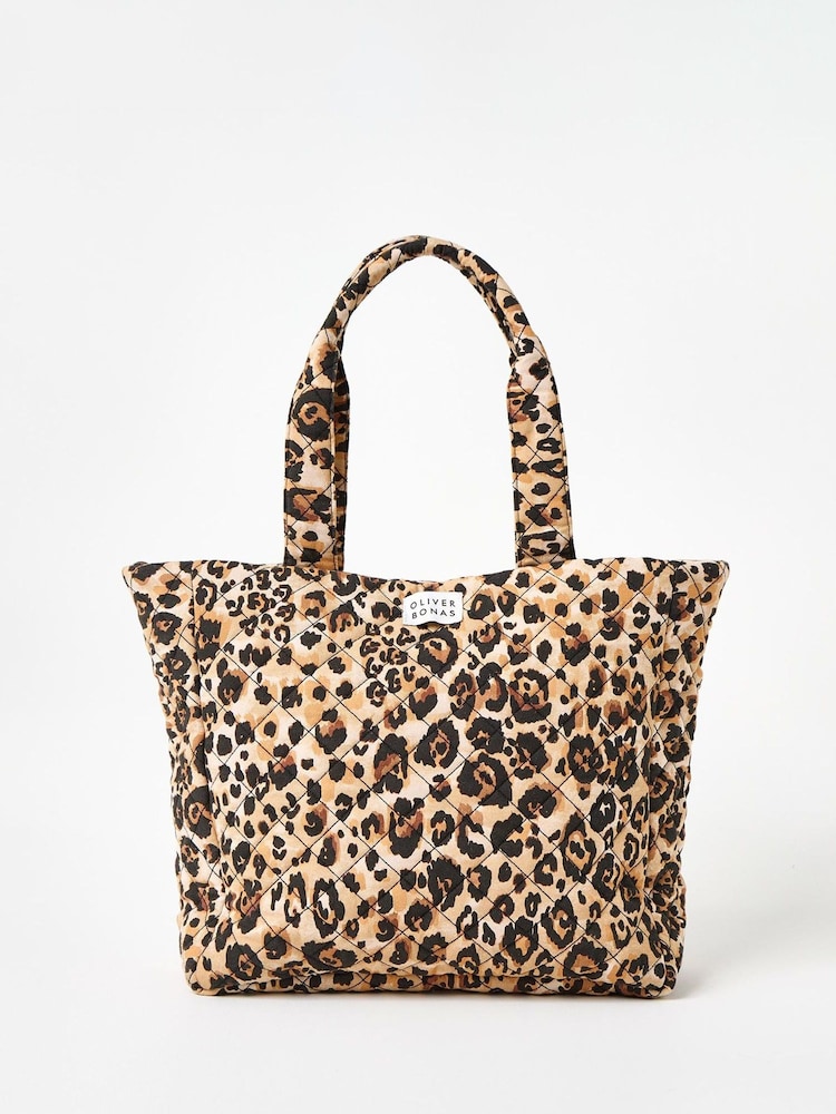 Oliver Bonas Brown Becky Leopard Print Quilted 100% Cotton Tote Bag - Image 1 of 8