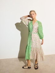 Oliver Bonas Green Floral Print Tiered Midi Dress - Image 1 of 7