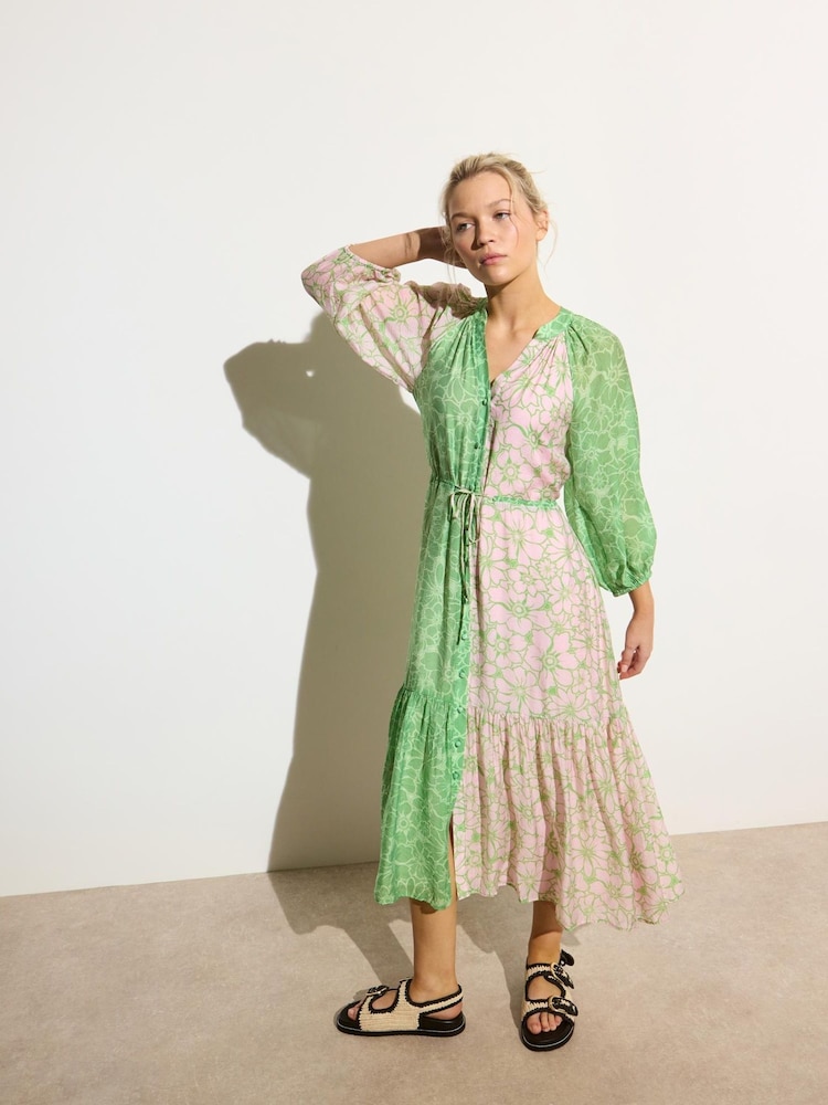 Oliver Bonas Green Floral Print Tiered Midi Dress - Image 1 of 7