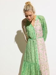 Oliver Bonas Green Floral Print Tiered Midi Dress - Image 2 of 7