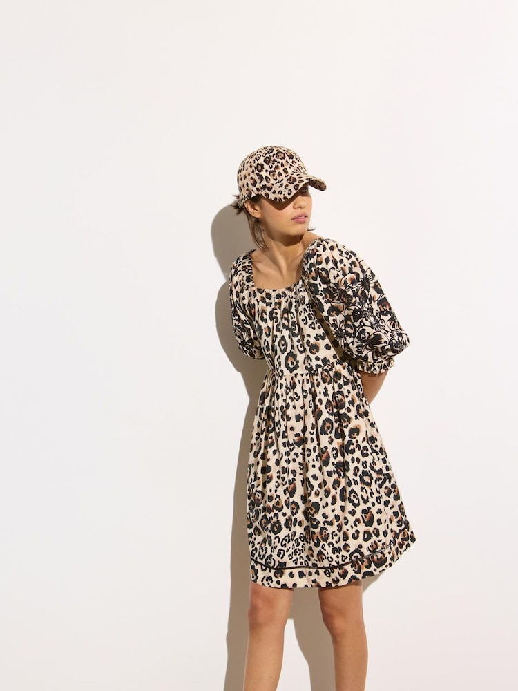Oliver Bonas Brown Mini Leopard Print Embroidered Puff 100% Cotton Sleeve Dress - Image 1 of 7 Oliver Bonas Brown Mini Leopard Print Embroidered Puff 100% Cotton Sleeve Dress - Image 1 of 7