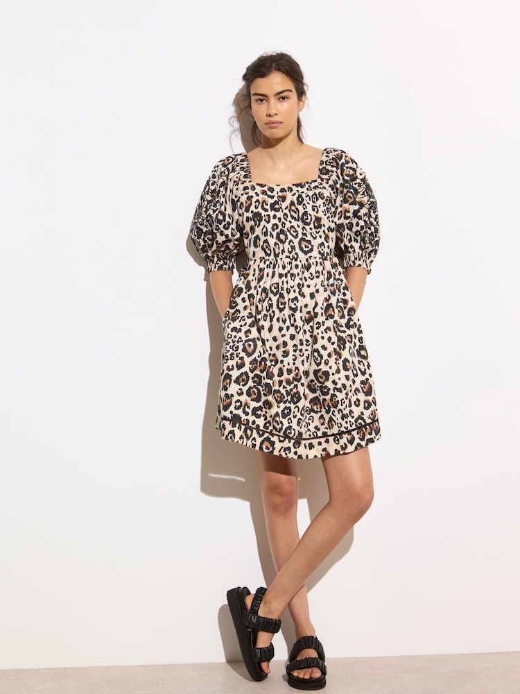 Oliver Bonas Brown Mini Leopard Print Embroidered Puff 100% Cotton Sleeve Dress - Image 2 of 7 Oliver Bonas Brown Mini Leopard Print Embroidered Puff 100% Cotton Sleeve Dress - Image 2 of 7
