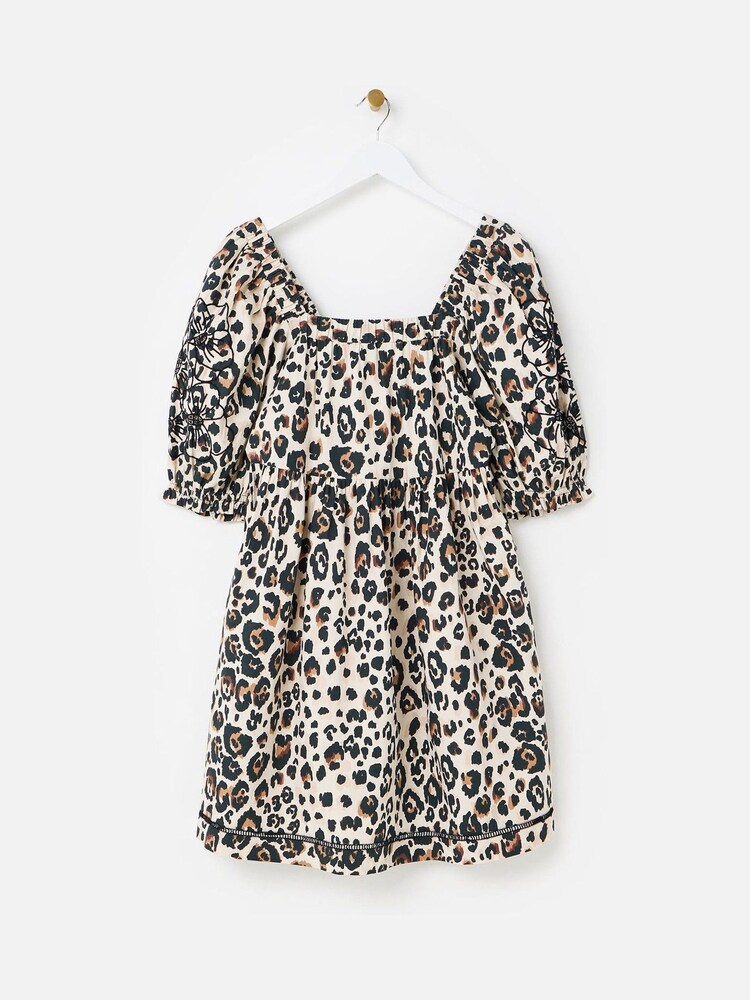 Oliver Bonas Brown Mini Leopard Print Embroidered Puff 100% Cotton Sleeve Dress - Image 3 of 7