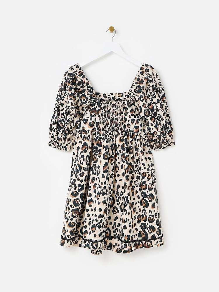 Oliver Bonas Brown Mini Leopard Print Embroidered Puff 100% Cotton Sleeve Dress - Image 4 of 7