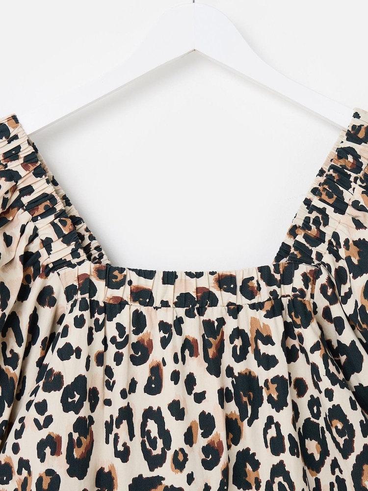 Oliver Bonas Brown Mini Leopard Print Embroidered Puff 100% Cotton Sleeve Dress - Image 5 of 7