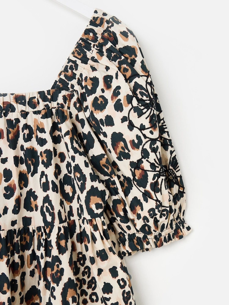 Oliver Bonas Brown Mini Leopard Print Embroidered Puff 100% Cotton Sleeve Dress - Image 6 of 7