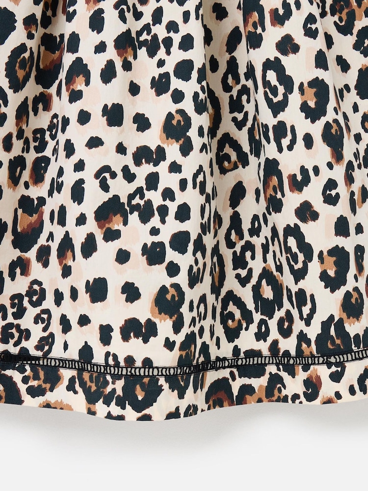 Oliver Bonas Brown Mini Leopard Print Embroidered Puff 100% Cotton Sleeve Dress - Image 7 of 7