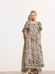 Oliver Bonas Brown Leopard Print Embroidered Puff Sleeve 100% Cotton Midi Dress - Image 1 of 8