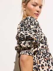Oliver Bonas Brown Leopard Print Embroidered Puff Sleeve 100% Cotton Midi Dress - Image 2 of 8