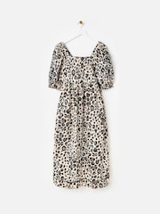 Oliver Bonas Brown Leopard Print Embroidered Puff Sleeve 100% Cotton Midi Dress - Image 3 of 8
