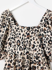 Oliver Bonas Brown Leopard Print Embroidered Puff Sleeve 100% Cotton Midi Dress - Image 5 of 8