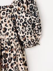 Oliver Bonas Brown Leopard Print Embroidered Puff Sleeve 100% Cotton Midi Dress - Image 6 of 8