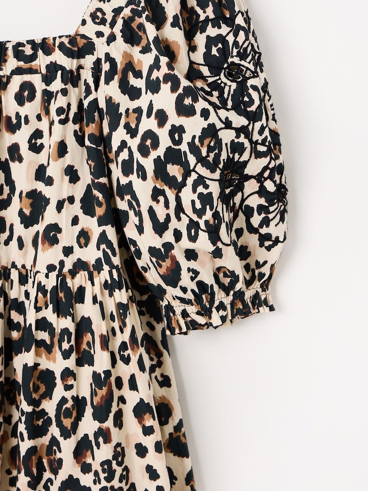 Oliver Bonas Brown Leopard Print Embroidered Puff Sleeve 100% Cotton Midi Dress - Image 6 of 8