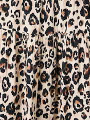 Oliver Bonas Brown Leopard Print Embroidered Puff Sleeve 100% Cotton Midi Dress - Image 7 of 8