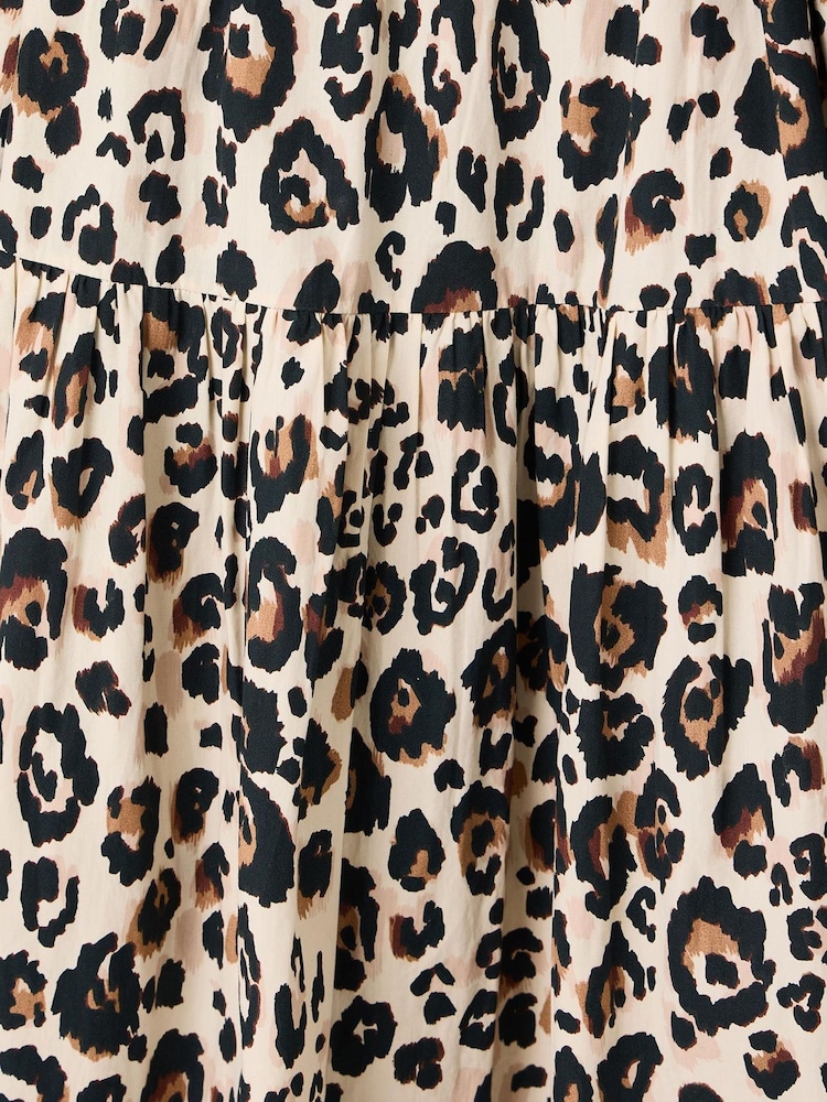 Oliver Bonas Brown Leopard Print Embroidered Puff Sleeve 100% Cotton Midi Dress - Image 7 of 8