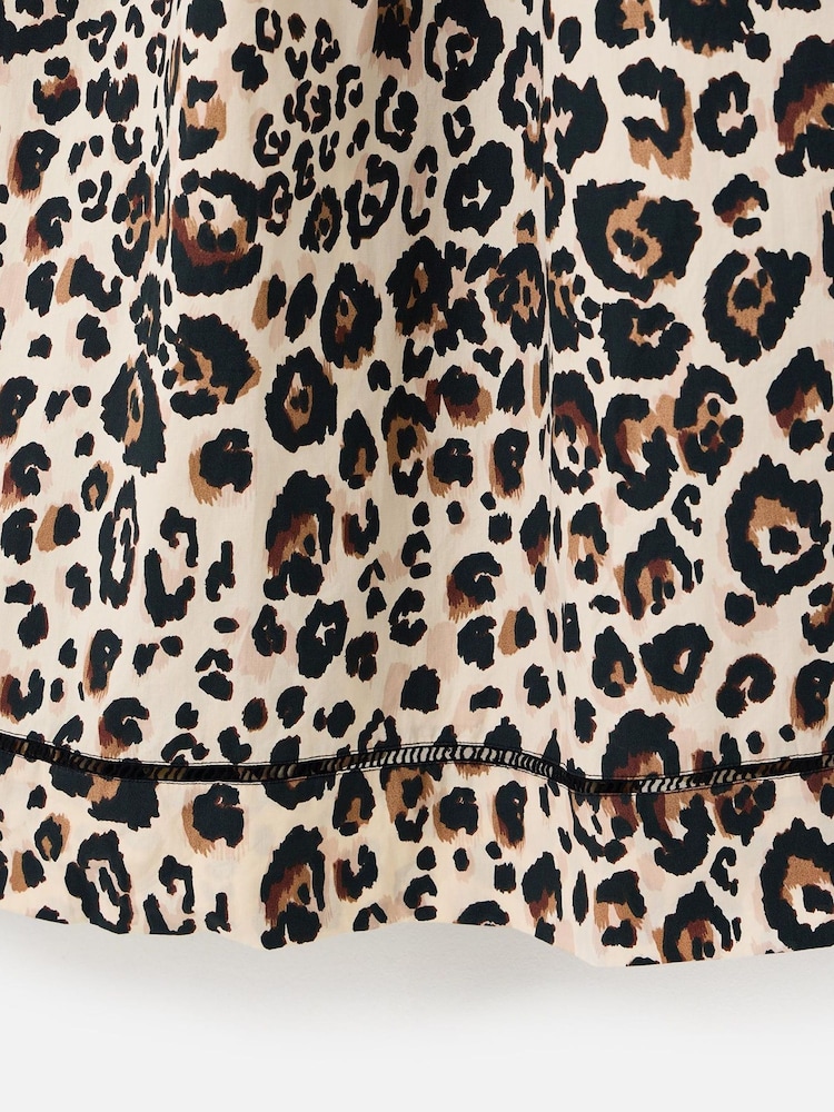 Oliver Bonas Brown Leopard Print Embroidered Puff Sleeve 100% Cotton Midi Dress - Image 8 of 8