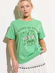 Oliver Bonas Green House of Cats Graphic 100% Cotton T-Shirt - Image 1 of 8