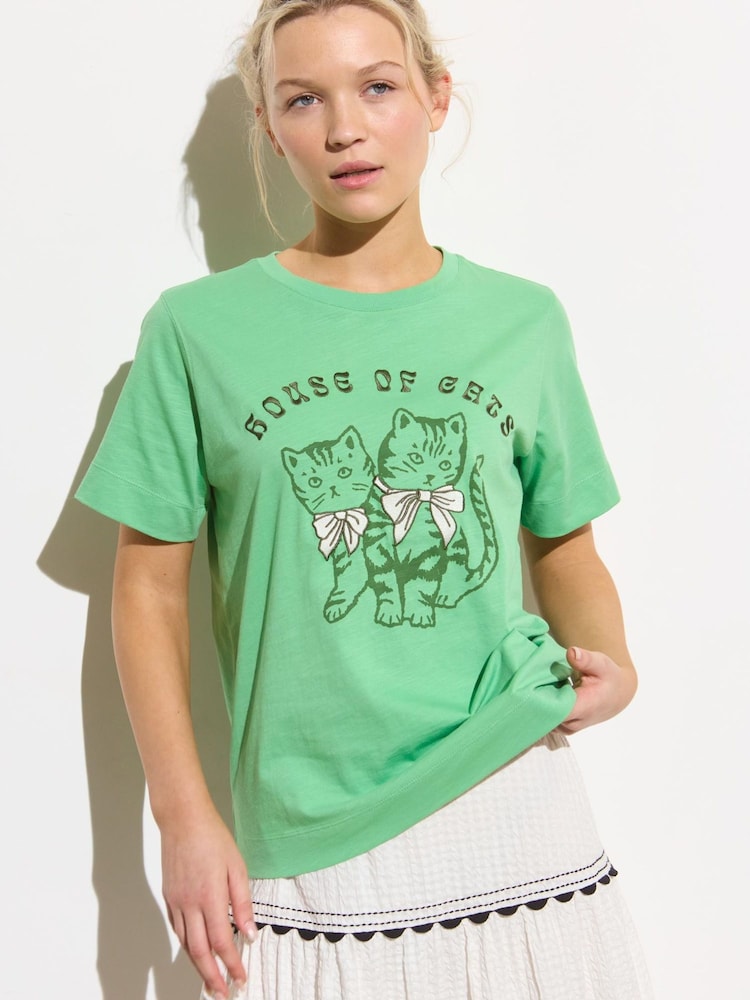 Oliver Bonas Green House of Cats Graphic 100% Cotton T-Shirt - Image 1 of 8