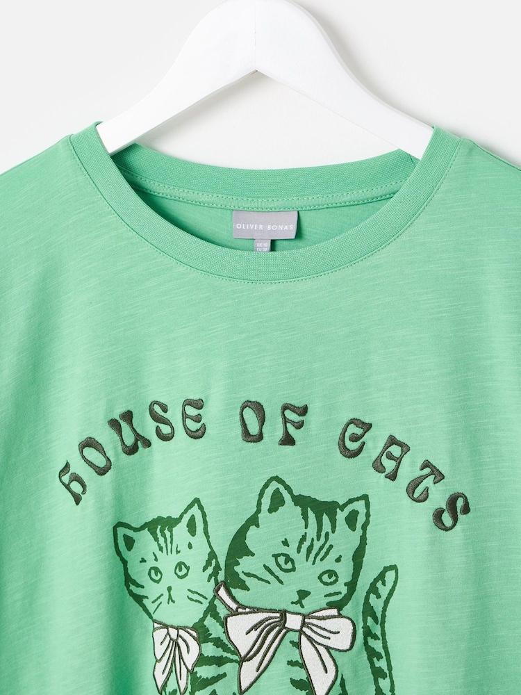 Oliver Bonas Green House of Cats Graphic 100% Cotton T-Shirt - Image 8 of 8