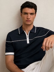 Reiss Navy/White Bradford Half Zip Tipped Polo Shirt - Image 1 of 6
