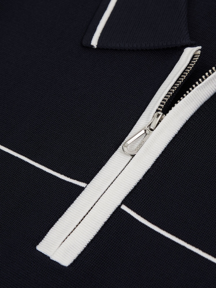 Reiss Navy/White Bradford Half Zip Tipped Polo Shirt - Image 6 of 6