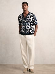 Reiss Navy Blue/White Albert Paisley Jacquard Knit Shirt - Image 1 of 5