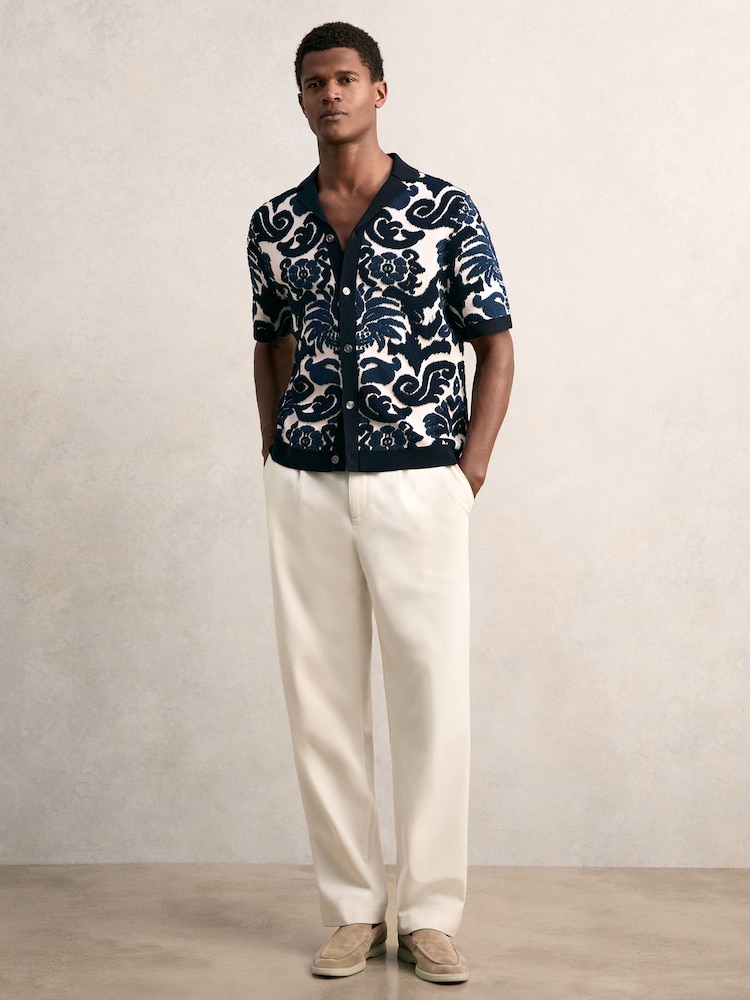Reiss Navy Blue/White Albert Paisley Jacquard Knit Shirt - Image 1 of 5