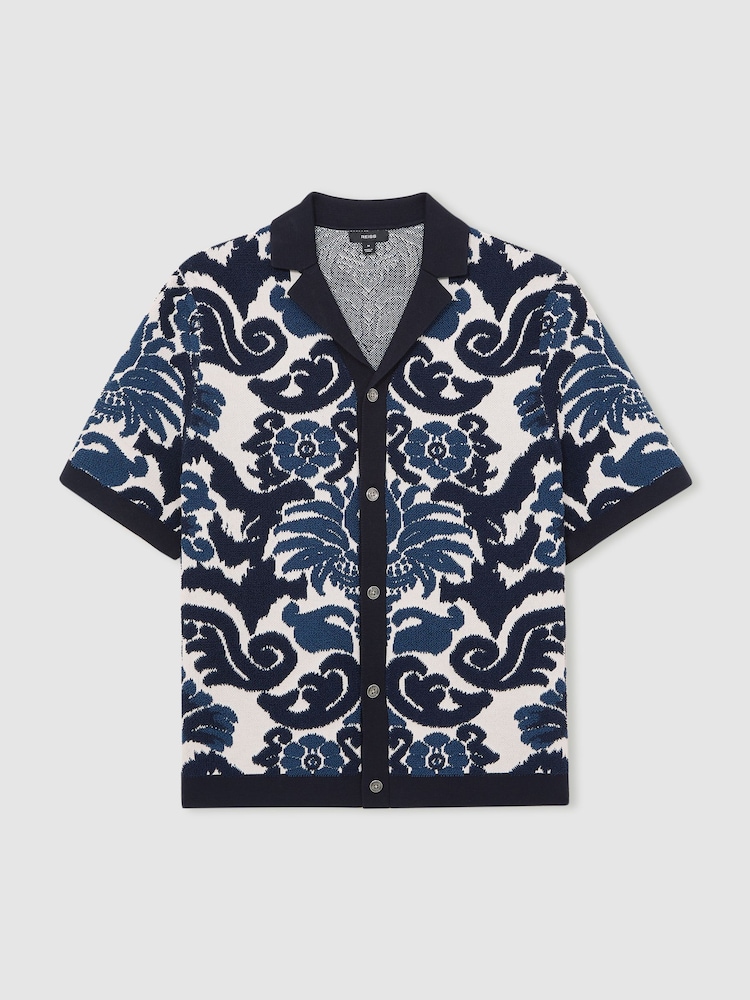 Reiss Navy Blue/White Albert Paisley Jacquard Knit Shirt - Image 2 of 5
