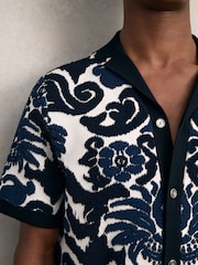 Reiss Navy Blue/White Albert Paisley Jacquard Knit Shirt - Image 3 of 5