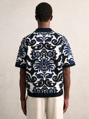Reiss Navy Blue/White Albert Paisley Jacquard Knit Shirt - Image 4 of 5