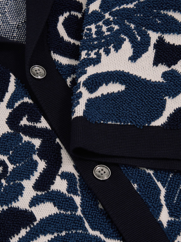 Reiss Navy Blue/White Albert Paisley Jacquard Knit Shirt - Image 5 of 5