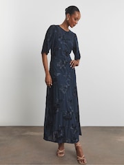 Joanna Hope Blue Magisculpt Textured Mesh Column Dress - Image 1 of 4