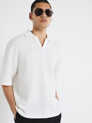 River Island White Open Neck Plisse Polo Shirt - Image 1 of 4