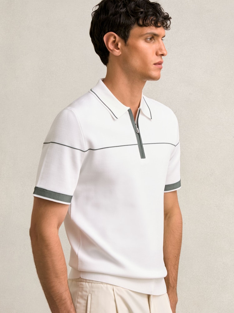 Reiss White/Green Bradford Half Zip Tipped Polo Shirt - Image 1 of 6