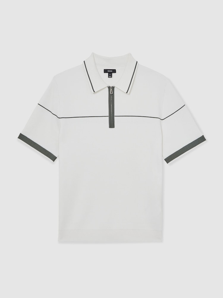 Reiss White/Green Bradford Half Zip Tipped Polo Shirt - Image 2 of 6