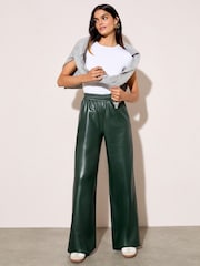 Friends Like These Khaki Green Faux Leather Elasticaed Trousers - Image 1 of 4